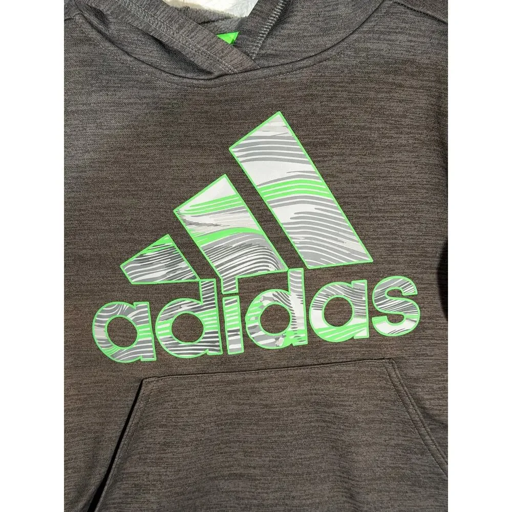 Adidas Boys Size 8 Small Gray Green Logo Fleece Pullover Hoodie